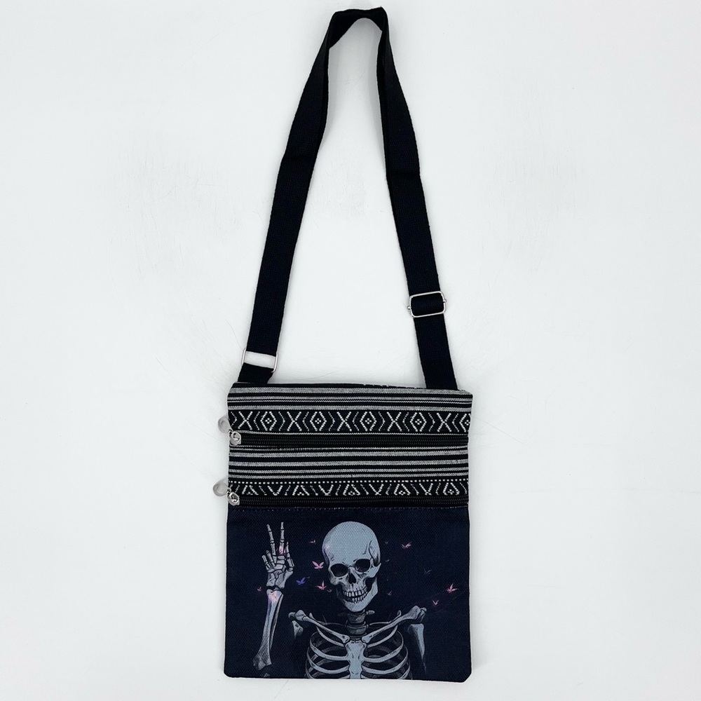 NEW Skeleton Small Zipper Crossbody Black Gothic Bag w/Adjustable Strap